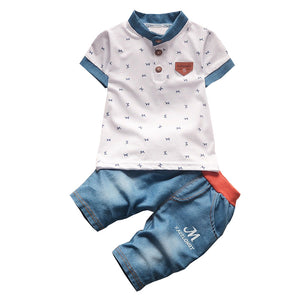 Baby boys summer clothes newborn sets for boy short sleeve shirts + jeans cool denim shorts suit - e'Rods Imports