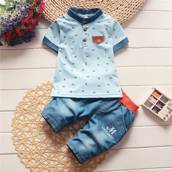 Baby boys summer clothes newborn sets for boy short sleeve shirts + jeans cool denim shorts suit - e'Rods Imports