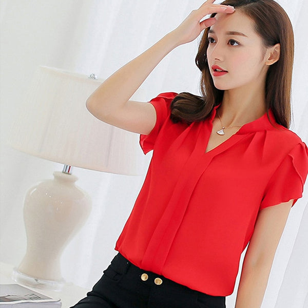 Women Shirt Tops Short Sleeve Elegant Ladies Formal Office Blouse Plus Size Chiffon Shirt clothing - e'Rods Imports