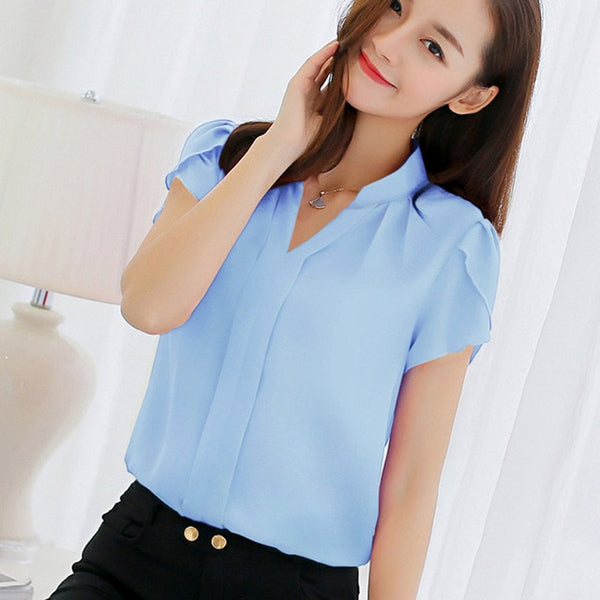 Women Shirt Tops Short Sleeve Elegant Ladies Formal Office Blouse Plus Size Chiffon Shirt clothing - e'Rods Imports