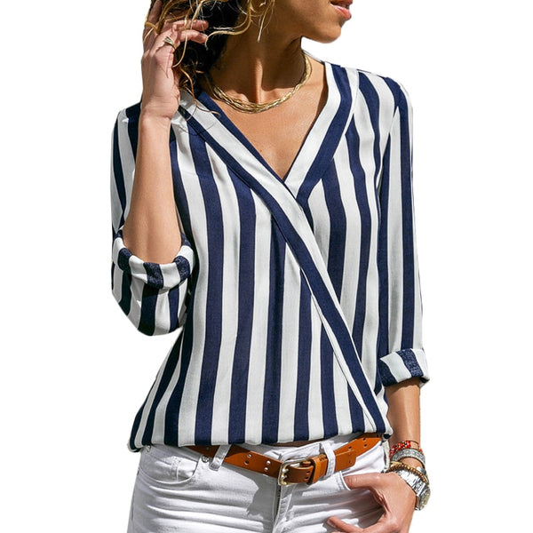 Women Striped Blouse Shirt Long Sleeve Blouse V-neck - e'Rods Imports