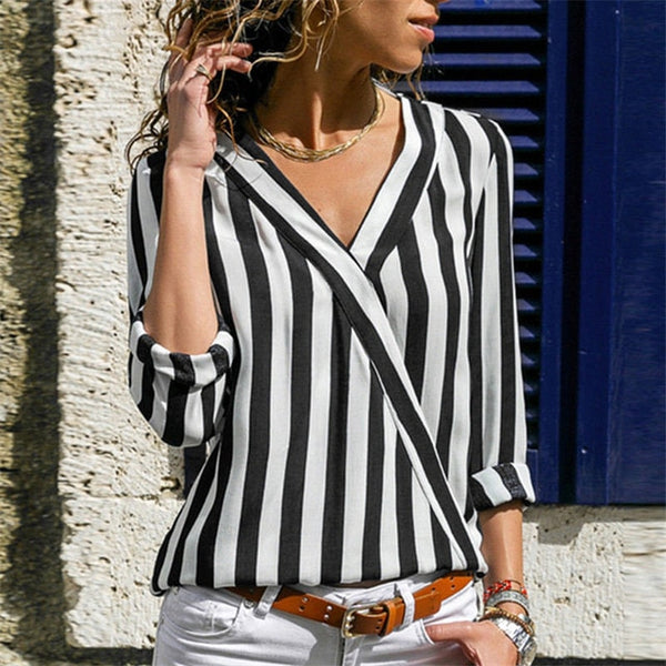 Women Striped Blouse Shirt Long Sleeve Blouse V-neck - e'Rods Imports