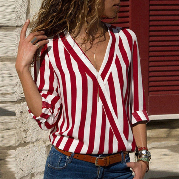 Women Striped Blouse Shirt Long Sleeve Blouse V-neck - e'Rods Imports