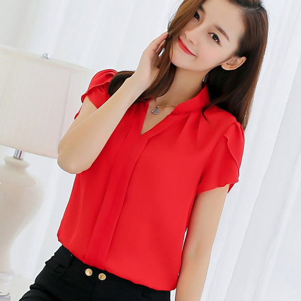 2019 Summer Women Blouse Short Sleeve Red Ladies Office Shirt - e'Rods Imports